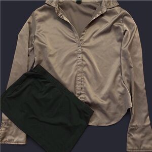 Silky Beige Button-Up Blouse and Black Skirt Set